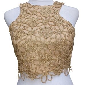 Beautiful B. Darlin Gold Lace Glitter Crop Tank Top Size 3/4
